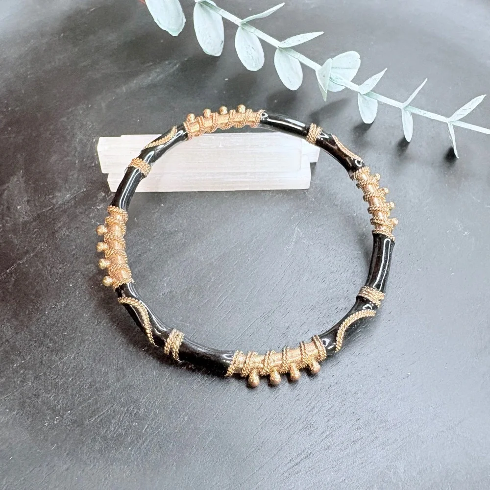 Vintage Enamel Bangle | Black Gold Bracelet | Minimalist Stackable